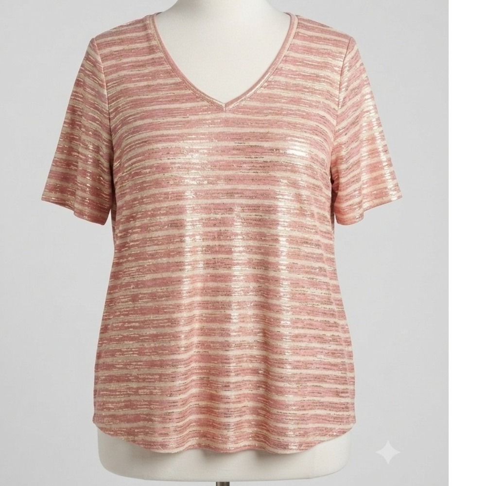 Lane Bryant Perfect Tee Pink shimmering Gold Metallic Stripe V-Neck Top 18/20